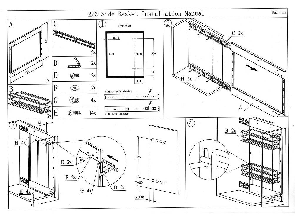 HAUSS SOFT CLOSE SMALL SIDE MOUNTED PULL OUT BASKET BB730A (STEEL CHROME)